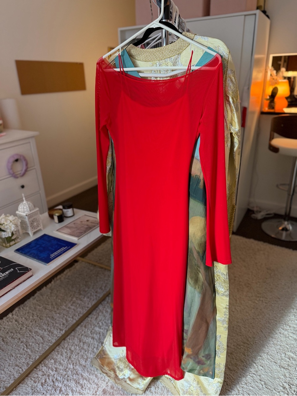 Red Long-Sleeve Slim Fit with Slip Dress